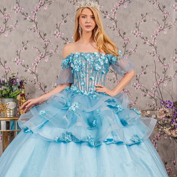 New Off Shoulder Quinceanera Dress w/ Floral Applique & Lace Up Back GL3180 - Picture 1 of 8